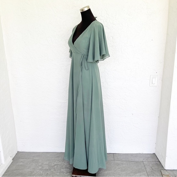 Jenny Yoo BHLDN Ari Bridesmaid Dress Flutter sleeve Gown in Eucalyptus Green 2 - Picture 7 of 11